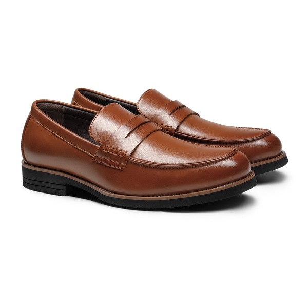 Men's Smooth PU Leather Penny Loafers - BROWN - 3